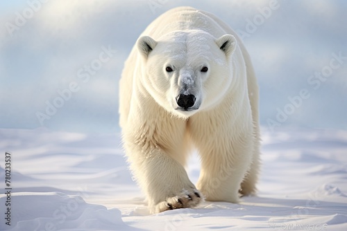polar bear snowy landscape, bear's resilience in the Arctic climate and the details of its paw prints in the fresh snow