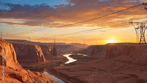 A wide shot of a canyon with a river running through it. The sun is setting and there are large electrical towers on the left side of the image.  