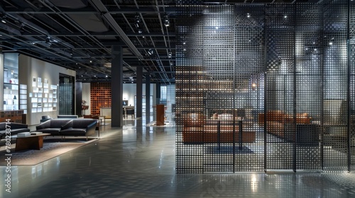 As visitors enter a large open room they are greeted by an eyecatching feature wall made entirely of the textured metal grating. The wall shimmers and echoes the surrounding light .