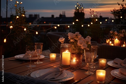 rooftop restaurant elegant string lights and candles, sophisticated and cozy ambiance. rooftop setting restaurant arrangement of tables and the glow of the candlelight