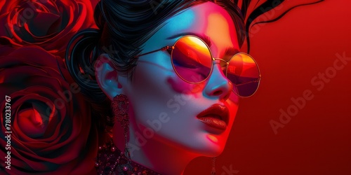Abstract fashion portrait of a young woman over a red background with red lights.