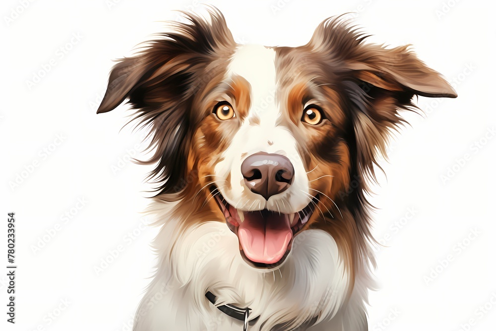 A friendly brown and white dog face on a white background