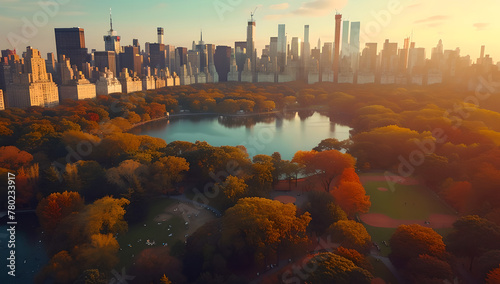Aerial Photo of Over Central Park with Nature, Trees, People Having Picnic and Resting on a Field Around Manhattan Skyscrapers, Cityscape, Beautiful Evening, Warm Sunset Light, freely