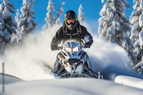 man riding a snowmobile on a snowy trail, leaving tracks behind in the fresh powder. Capture the winter thrill with a focus on the rider's joyous expression, the trail of snow