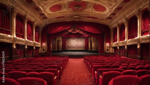 A photo of an empty theater with red velvet seats and a red curtain on stage.