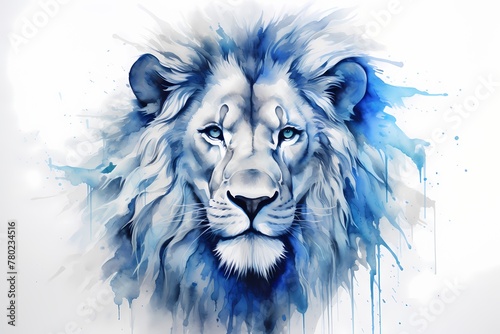 A fierce lion's face in blue and white on a white background