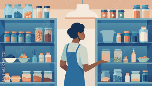 A busy mom stands in front of her pantry proud of the organized rows of mason jars and containers filled with bulk bought snacks cereals and