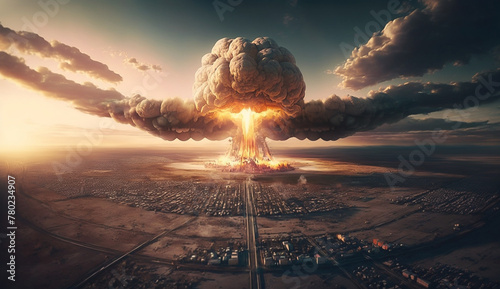 Explosion of nuclear in the middle of city seen from above