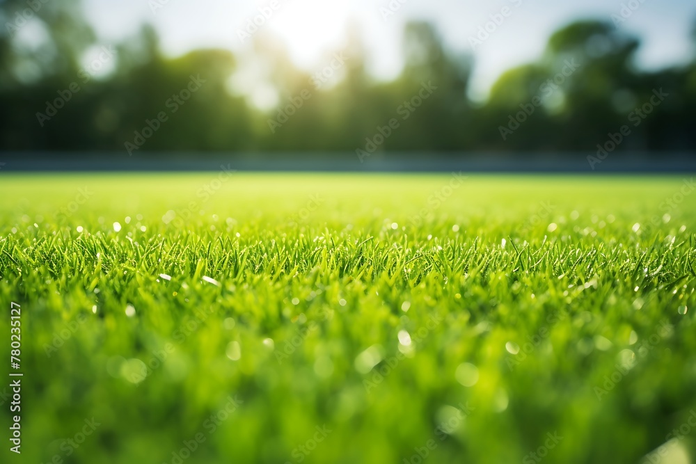 soccer field with green grass and lights at sunset