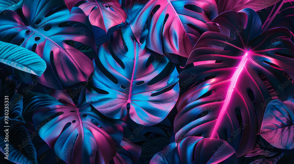 leaves with neon, tropic background leaves with neon, tropic background