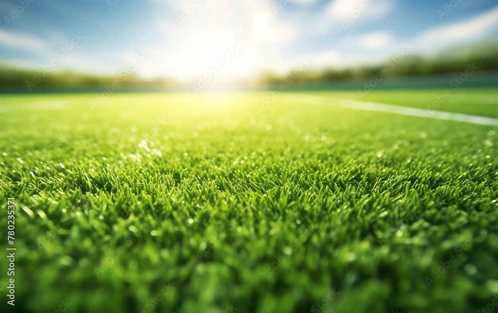 soccer field with green grass and lights at sunset