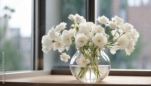 A vase of white flowers sits on a window sill.

