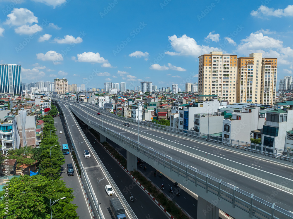 Fototapeta premium Aerial skyline view of Hanoi cityscape at sunset in Dai La street