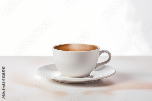 A cup of steaming hot coffee isolated on a white solid background
