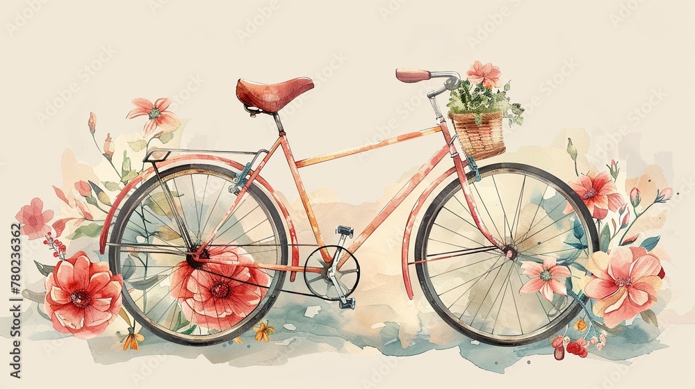Fototapeta premium Watercolor bicycle with flowers, 6K, ink outlined, vintage feel, charming and classic