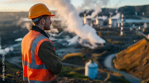 Photo of an engineer in a safety vest and helmet standing on the edge overlooking a geothermal power plant with steam coming out, landscape,  geothermal power plant photo