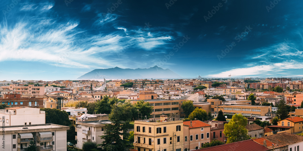 Terracina, Italy. Skyline View Of Terracina With Circeo Promontory And Tyrrhenian Sea In Background