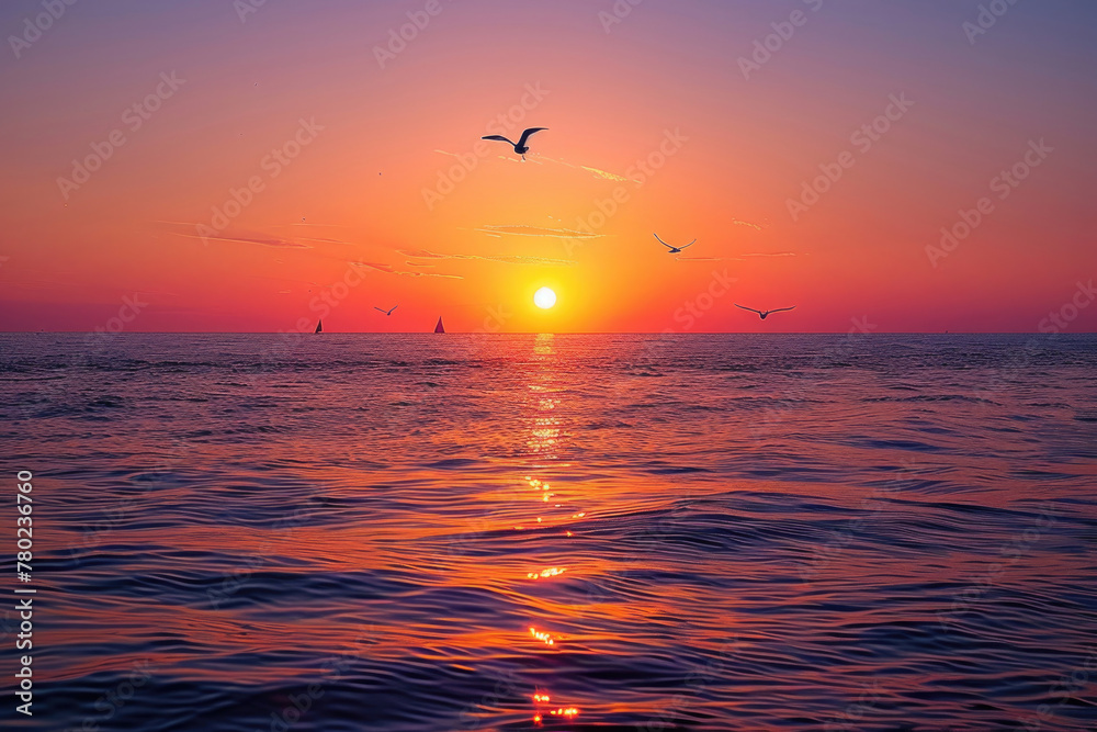 A peaceful sunset over the ocean, with warm colors and a calm reflection