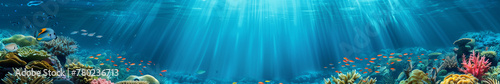panoramic deep blue underwater background with coral reefs and fish