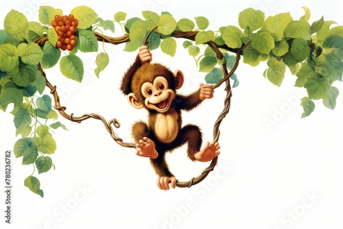 A colorful cartoon monkey swinging from vine to vine, with a mischievous grin, isolated on a white solid background