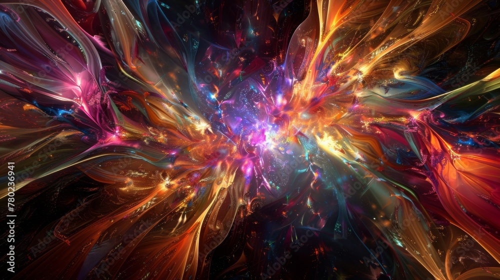 A vibrant explosion of fractal energy bursting with radiant colors and intricate patterns. A vibrant explosion of fractal energy bursting with radiant colors and intricate patterns.