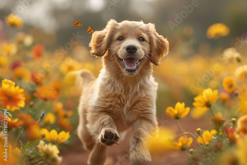 A cute puppy playing in a field of flowers, with a wagging tail and happy expression