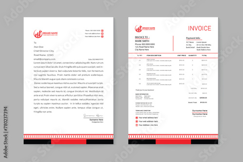 red and black brand identity letterhead and invoice template design
