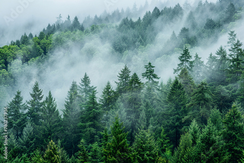 evergreen forest view from overhead fog rolling in looks like the pacific northwest. © Papisut