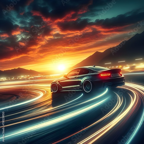 Cars drifting in circles with motion blur effect at sunset.