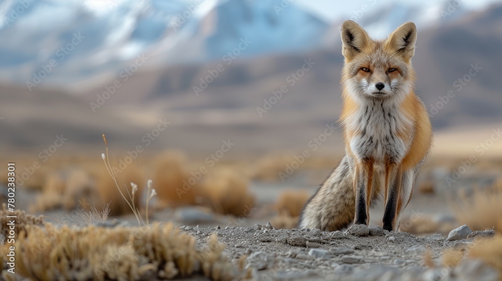 A lone fox standing in a vast mountain valley, symbolizing wilderness and natural beauty A lone fox standing in a vast mountain valley, symbolizing wilderness and natural beauty
