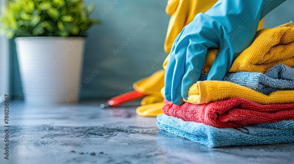 Cleaning service professional equipped with tools ready for work, soft tones, fine details, high resolution, high detail, 32K Ultra HD, copyspace