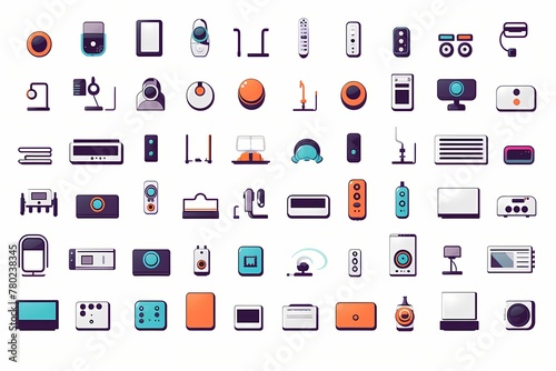 A collection of sleek, minimalistic vector icons representing various electronics devices in vibrant colors on a white solid background