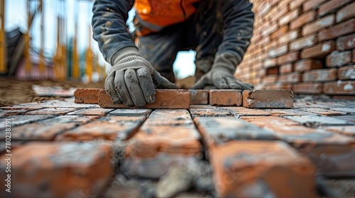 Close-up of a construction worker bricklaying with precision, soft tones, fine details, high resolution, high detail, 32K Ultra HD, copyspace photo