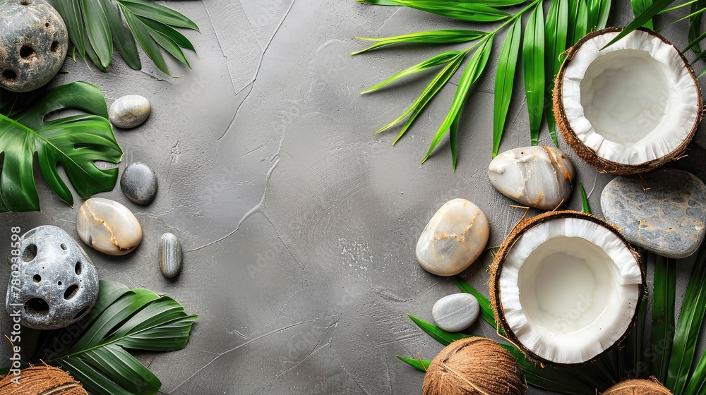 A relaxing spa arrangement with coconuts, palm leaves, and smooth stones on a textured surface, evoking a tropical and serene vibe A relaxing spa arrangement with coconuts, palm leaves, and smooth stones on a textured surface, evoking a tropical and serene vibe