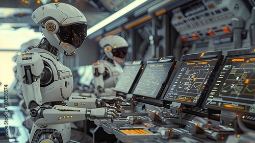 Robots diligently working at consoles in a high-tech space station, soft tones, fine details, high resolution, high detail, 32K Ultra HD, copyspace