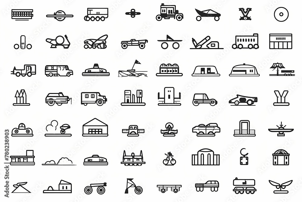 A collection of dynamic, minimalistic vector symbols representing various modes of transportation, each showcased on a white solid background