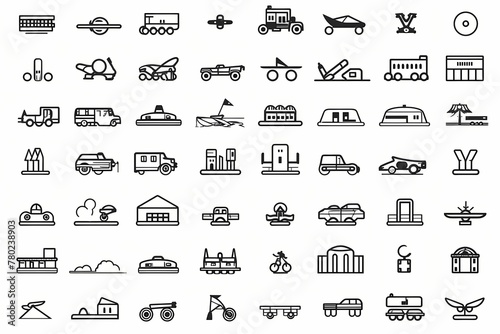 A collection of dynamic, minimalistic vector symbols representing various modes of transportation, each showcased on a white solid background