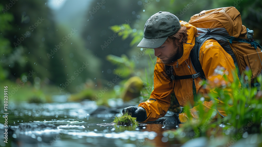 A male ecologist studies the condition of the river's water and plants. The condition of the moss in the river A male ecologist studies the condition of the river's water and plants. The condition of the moss in the river