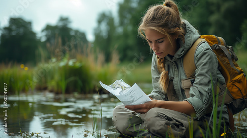 A female ecologist analyzes data to study the condition of the river's water. photo