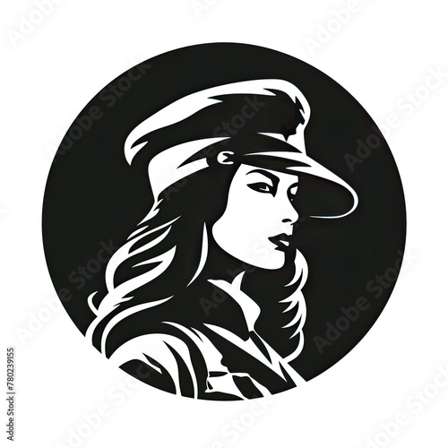 A logo of a female soldier in black and white style