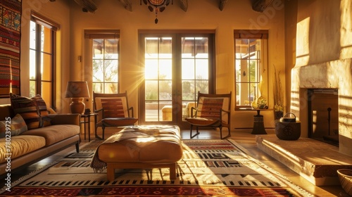 Sunlight streams in through the windows casting a warm glow on the space and highlighting the details of the Native Americaninspired patterns. The overall effect is one of comfort . photo