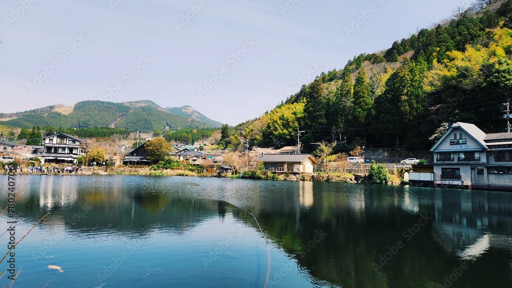 landscape of lake Kinrin, Yufuin, Oita, Japan, spring and nature background 