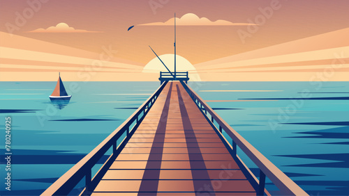 A handcrafted wooden fishing pier stretches out into the vast ocean offering a prime spot for avid fishermen to cast their lines. The water