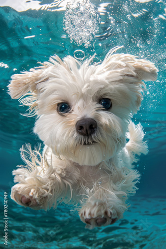 Adorable White Dog Swimming Underwater with Bubbles