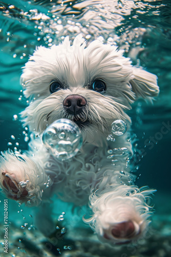 Adorable White Dog Swimming Underwater with Bubbles