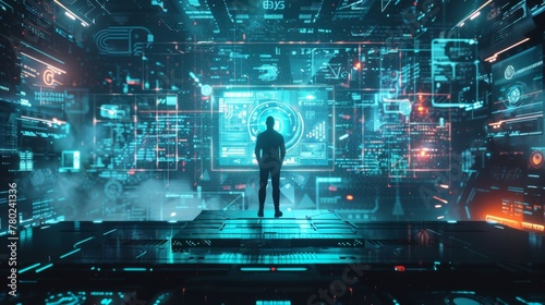 The cyberwarrior presenter stands tall on their podium surrounded by flashing digital screens and geometric patterns symbolizing the . .