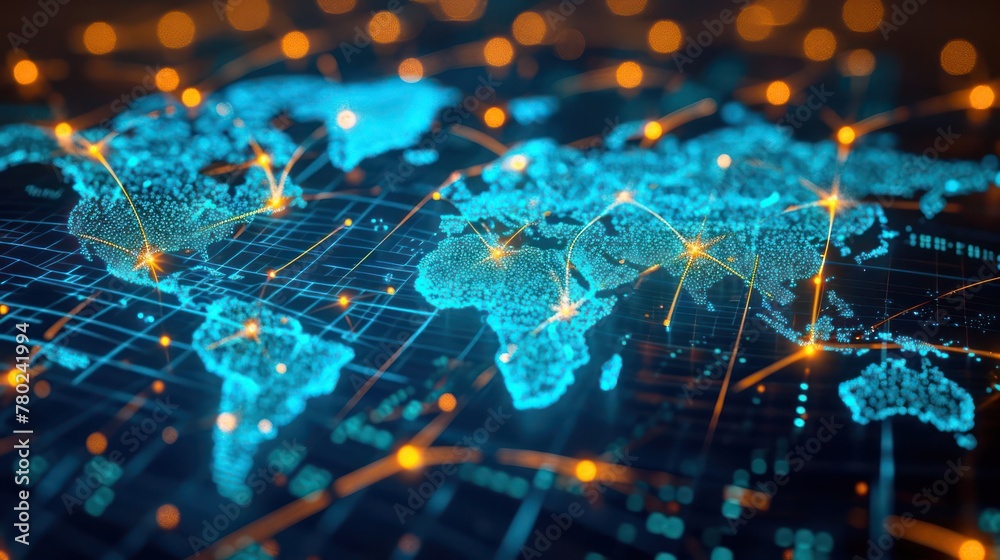 illustration of world connection, showcasing a meticulously designed visualization of continents linked through a web of digital connections illustration of world connection, showcasing a meticulously designed visualization of continents linked through a web of digital connections