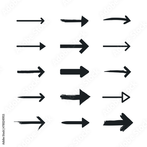 Set of black arrows of with various stroke size pointing right side 