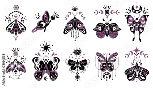 Mystical celestial butterflies and moths in boho style. Isolated cliparts on white background. 
