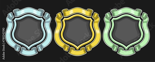 Vector Heraldic Emblems Set, collection of 3 isolated illustrations heraldry emblems with copyspace, group of decorative variety monochrome emblem layouts with ribbon for title text on dark background